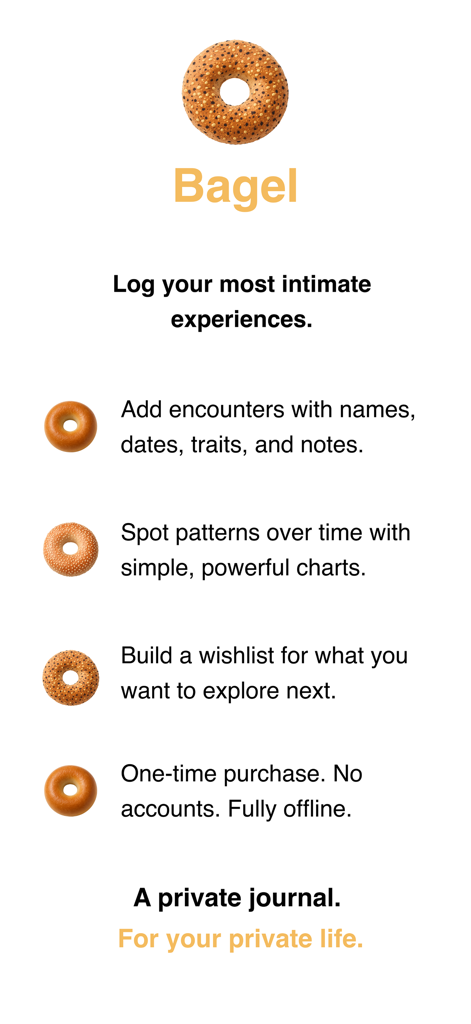 Bagel Count - Bagel Countアプリの概要画面。親密な出会いの記録、パターンの検出、オフラインセキュリティなどの機能が強調されています。