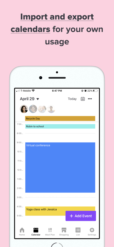 Interfaz de la aplicación Family Daily que muestra un horario diario con eventos personales y familiares sincronizados.