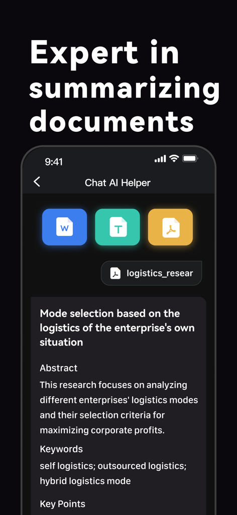Chat AI 5 - Chatbot Assistant - Interface de l'application Chat AI 5 résumant un document de recherche avec intégration Word et PDF