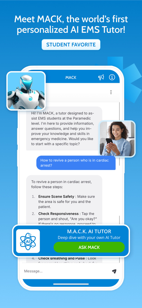 MedicTests 2026 EMS Education - MACK the personalized AI EMS tutor answering a student question in the MedicTests app