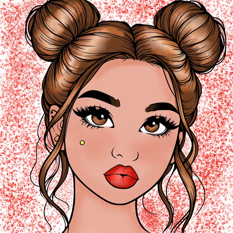 realistic girl with two buns on her hair and lips
