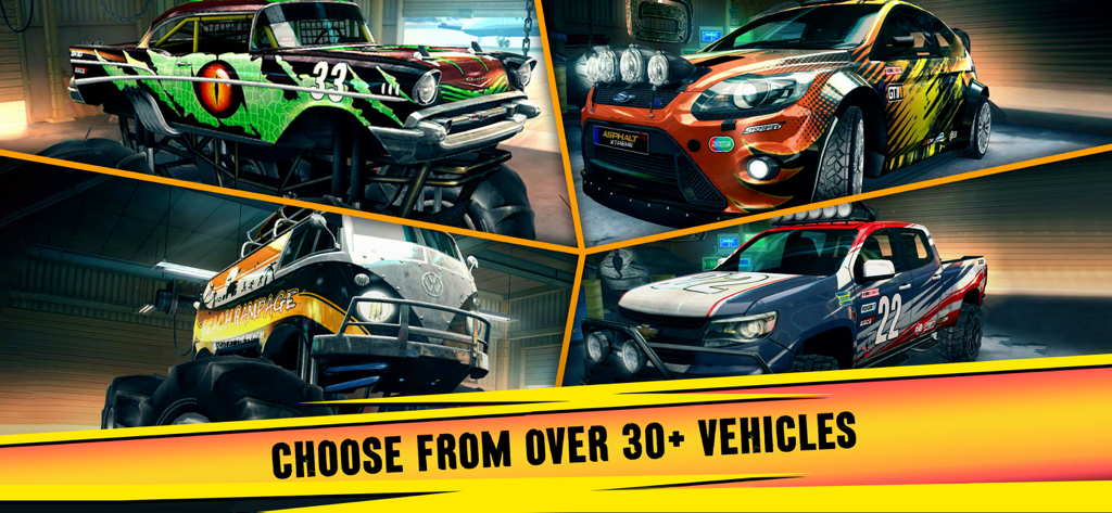 Asphalt Xtreme - A collage showing different customizable off-road vehicles including monster trucks and rally cars with text choose from over 30 vehicles