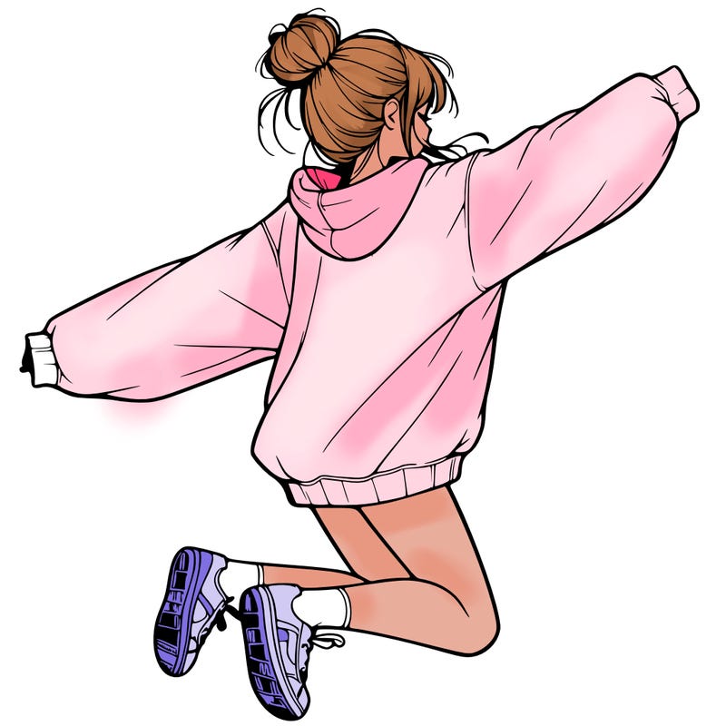 realistic girl jumping with a bun and oversized sweatshirt