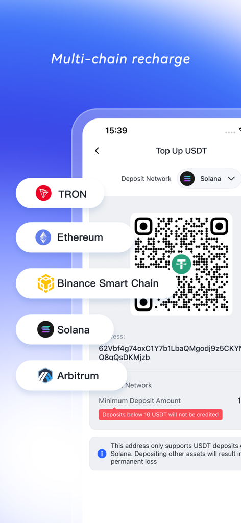 FoPay - stable coin payment - FoPay app interface showing multi-chain USDT top up screen with support for Solana and Ethereum networks