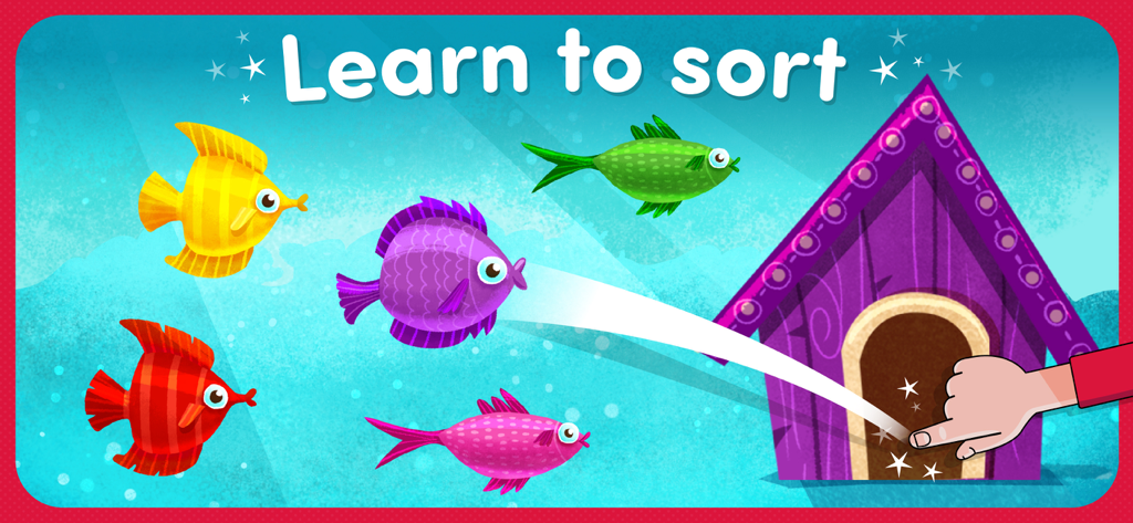 A toddler game screen showing a hand dragging a purple fish to a matching purple house with the text Learn to sort