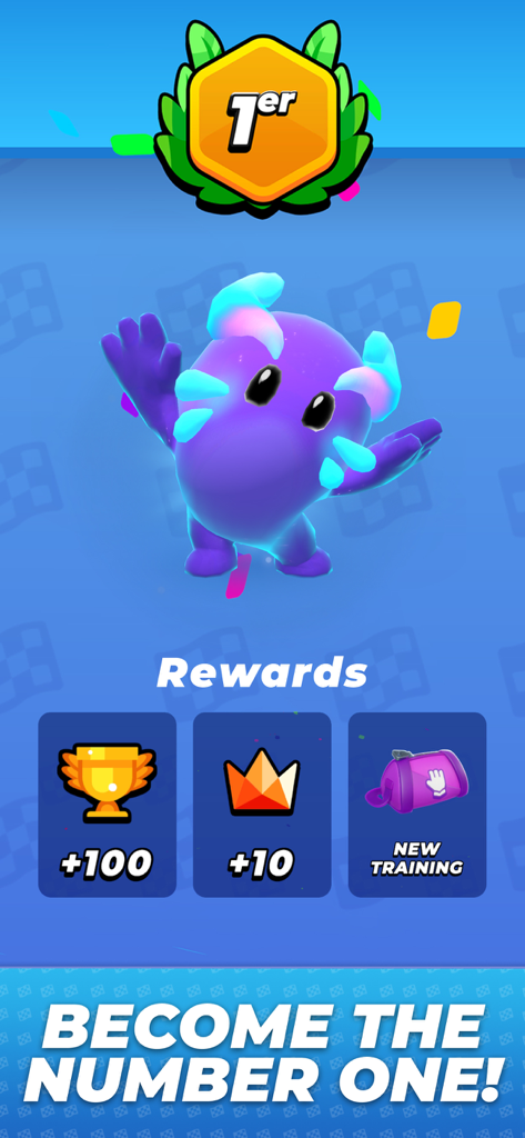 Pocket Champs PVP Racing Games - Tela de vitória do Pocket Champs mostrando uma chegada em primeiro lugar e as recompensas obtidas