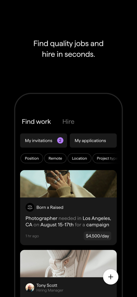 NOVA: The Creative Network - Interface de l'application NOVA montrant une offre d'emploi pour photographe à Los Angeles, payée 4500 dollars par jour