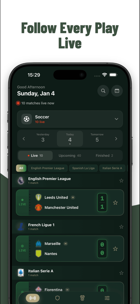 kuki football : Live Chat - Kuki football app displaying live soccer scores and match schedules on a dark themed smartphone interface