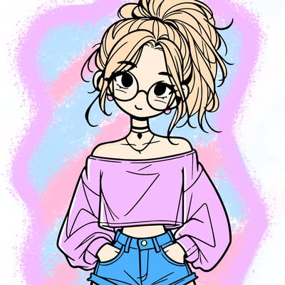 girl with a messy ponytail glasses a baggy crop top and jean shorts
