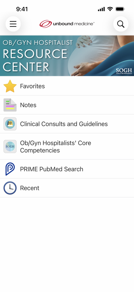 SOGH: OB/GYN Resource Center - El menú principal de la aplicación SOGH OBGYN Resource Center que presenta enlaces a recursos médicos