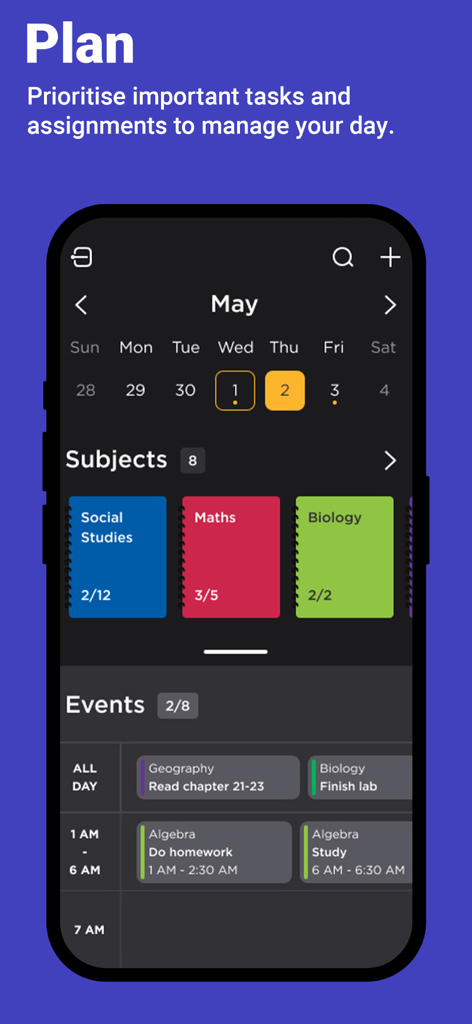 Spirax Study App - Mobile app screen showing a study plan with a calendar, subject cards, and a daily task schedule for students.