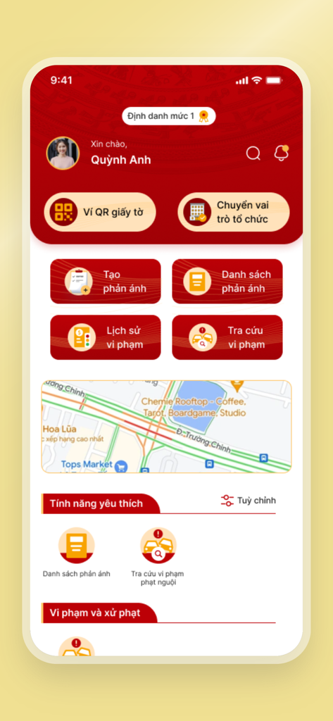 Dashboard of the VNeTraffic mobile application showing traffic violation search and document wallet features