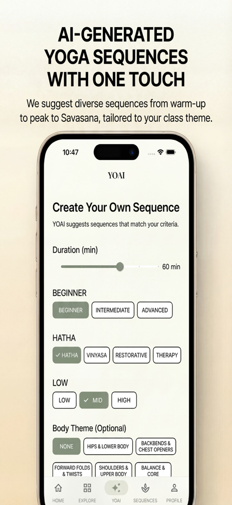 YOGANARY - AI Yoga Sequences - Yoganary app interface showing AI yoga sequence generation options for duration level style and body theme