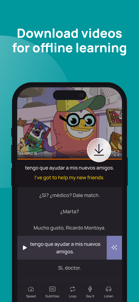 Lingopie: Learn a Language - Tela de smartphone mostrando a interface do aplicativo Lingopie com legendas em dois idiomas e um ícone de download para aprendizado offline.