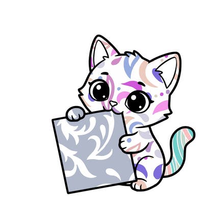 a small cat with a blank sheet of paper in its hand. the cat is sooooooo cute!