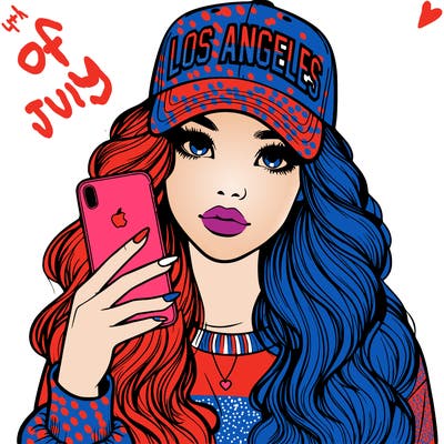 realistic beautiful girl wearing los ángeles cap holding an iphone