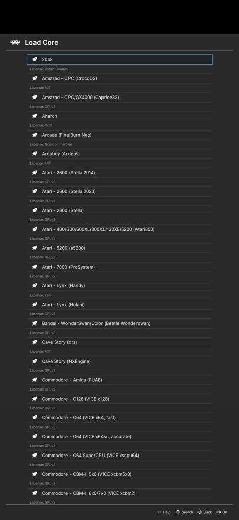 App móvel RetroArch mostrando o menu Carregar Núcleo com uma lista de emuladores disponíveis para consoles clássicos.