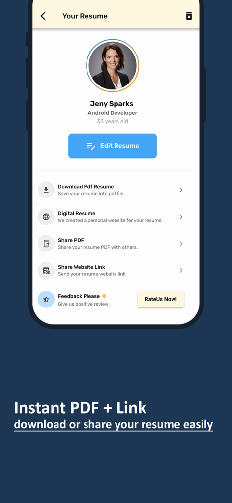 CV & Resume Builder - Resumee - Una interfaz de aplicación móvil que muestra opciones para descargar un currículum en PDF, compartir un enlace de currículum digital y editar detalles profesionales