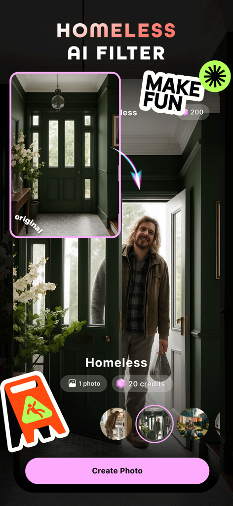 AI Maker: Photo Art Generator - Una captura de pantalla de la aplicación AI Maker que muestra la función de Filtro de IA para personas sin hogar con una comparación de fotos de antes y después de un hombre en un portal.