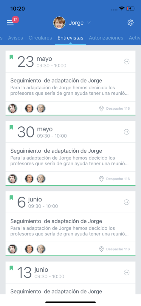 Educamos Familias app screen displaying a list of scheduled parent-teacher interviews and school meetings
