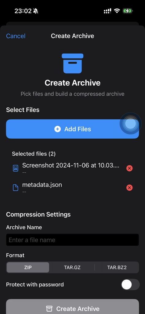 Flash Unzip — No Ads No Track - Pantalla de la aplicación móvil para crear un archivo comprimido con opciones para ZIP, TAR.GZ y protección con contraseña