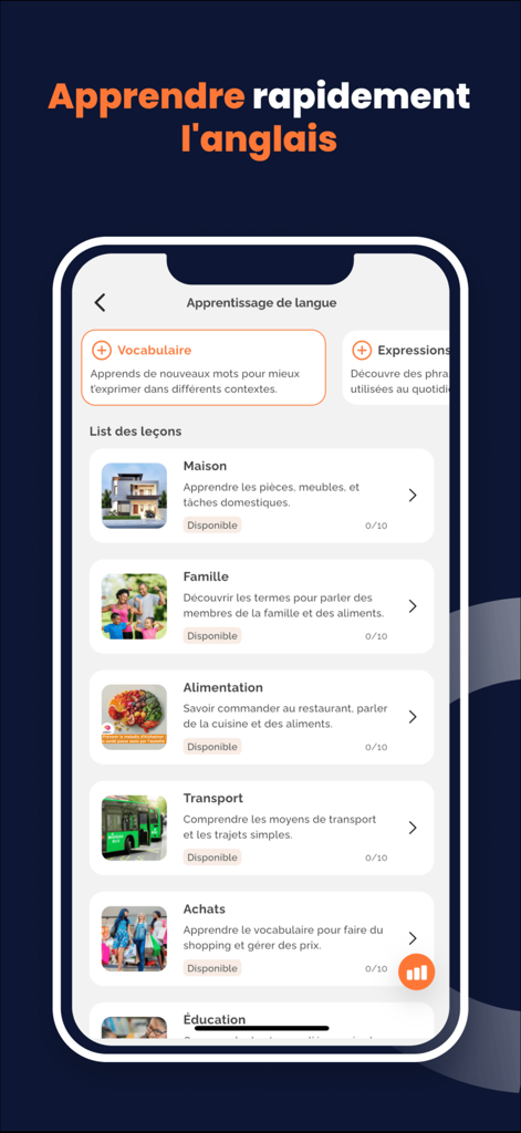 Lama x - Mobile app interface of Lama x displaying English learning lessons for vocabulary and expressions.