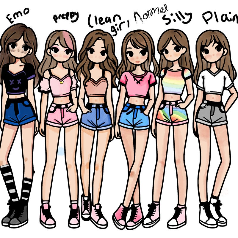 a group of girls wearing crop tops and shorts