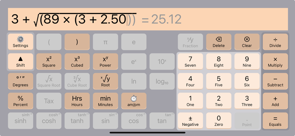 DysCalculator landscape view showing a complex equation and a keypad with number word labels for accessibility