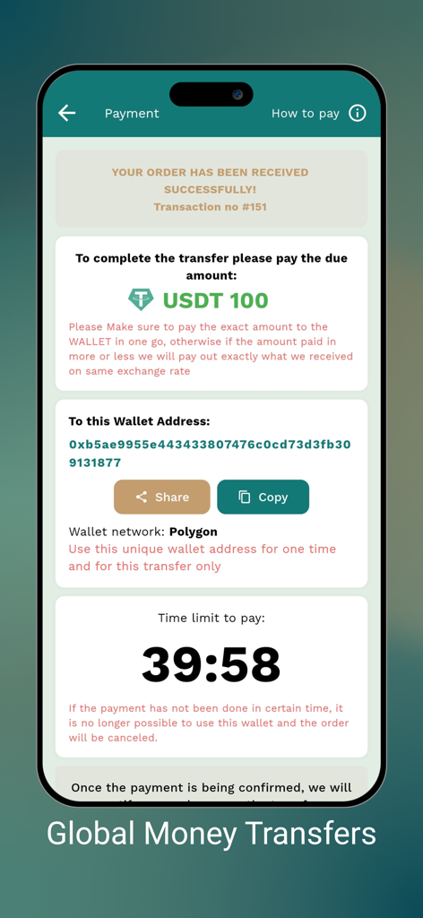 Amana Send - 아마나 센드 앱 인터페이스, 지갑 주소 및 글로벌 송금을 위한 카운트다운 타이머가 있는 100 USDT에 대한 결제 요청 표시
