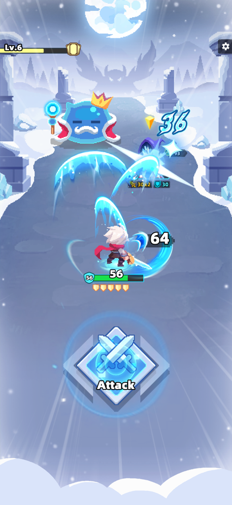 Dicero! - Diceroのピクセルアートゲームで、ヒーローキャラクターが剣の斬撃で王冠をかぶったスライムボスを攻撃している