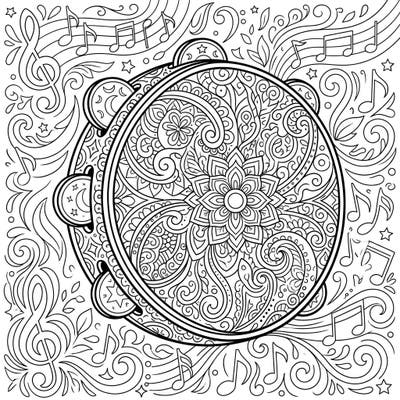Dive into a world of rhythm and intricate patterns with this beautiful tambourine adult coloring page. Its detailed design, surrounded by musical notes, offers a perfect escape for mindful creativity.