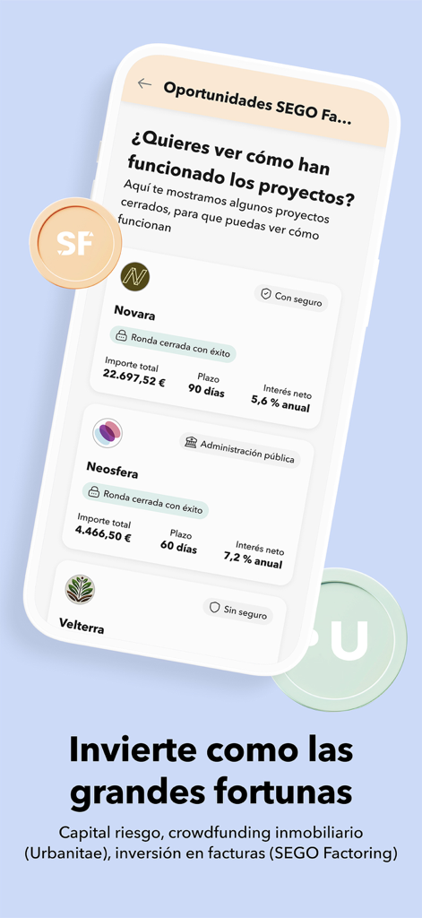 MyInvestor · Banco & Inversión - モバイルアプリの画面。クラウドファンディングやベンチャーキャピタル向けの、高い年利が表示されたオルタナティブ投資プロジェクトを表示。