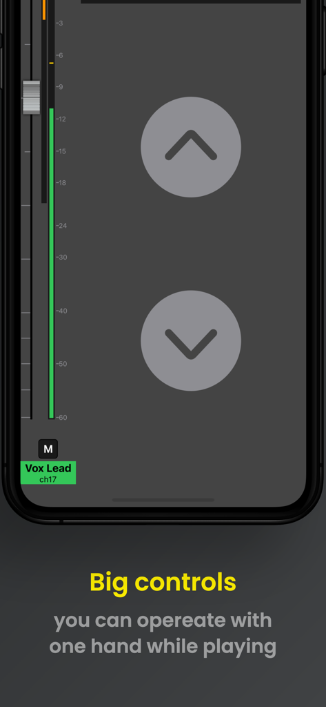 MXBus app interface showing large up and down buttons for easy one handed monitor mixing while playing