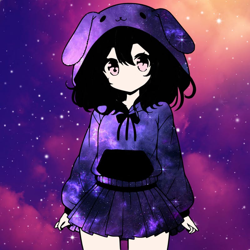 pretty anime girl wearing a fluffy hoodie with bunny ears on the hood and a skirt