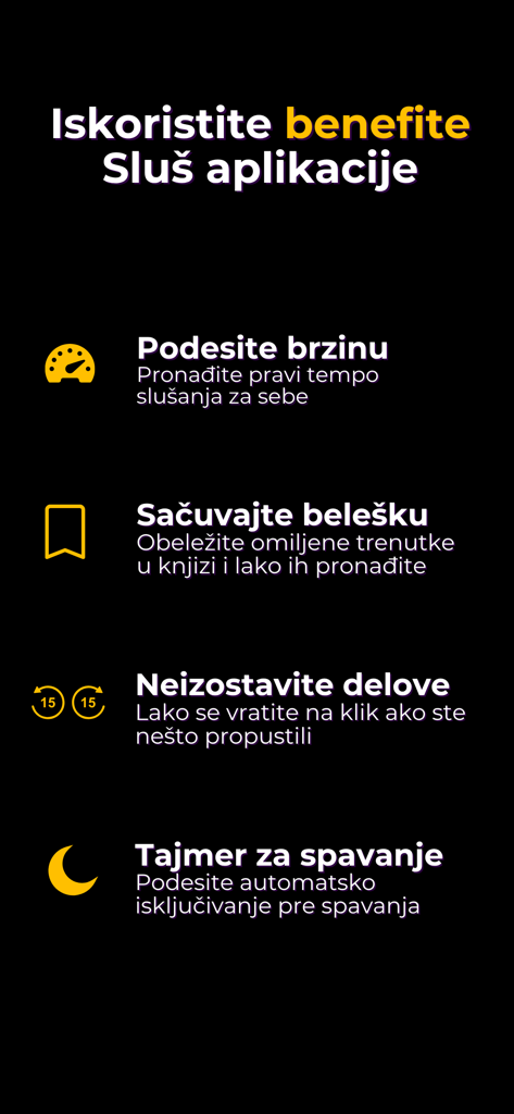 Liste der App-Funktionen einschließlich einstellbarer Wiedergabegeschwindigkeit, Notizen, Navigationssteuerung und Sleep-Timer für die Storia Hörbuch-App.