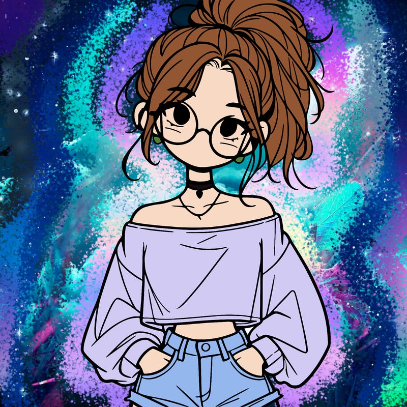 girl with a messy ponytail glasses a baggy crop top and jean shorts