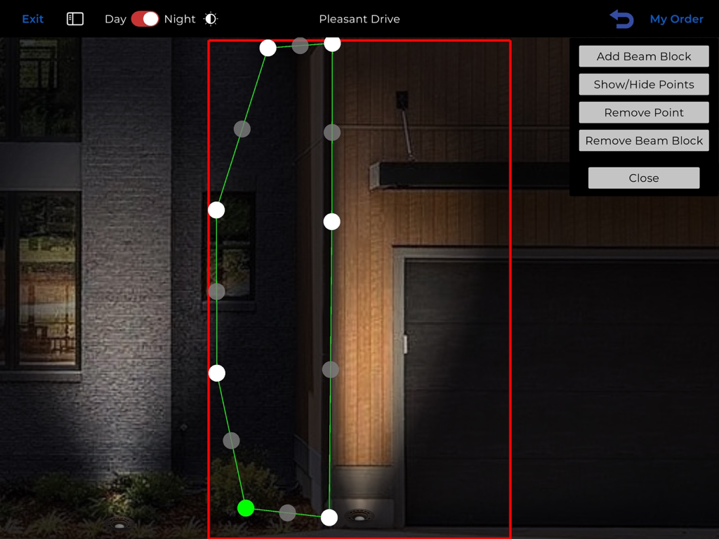 AMP® LIGHTING VISUALIZER - AMP Lighting Visualizer app interface showing the beam block feature to define lighting zones on a building exterior
