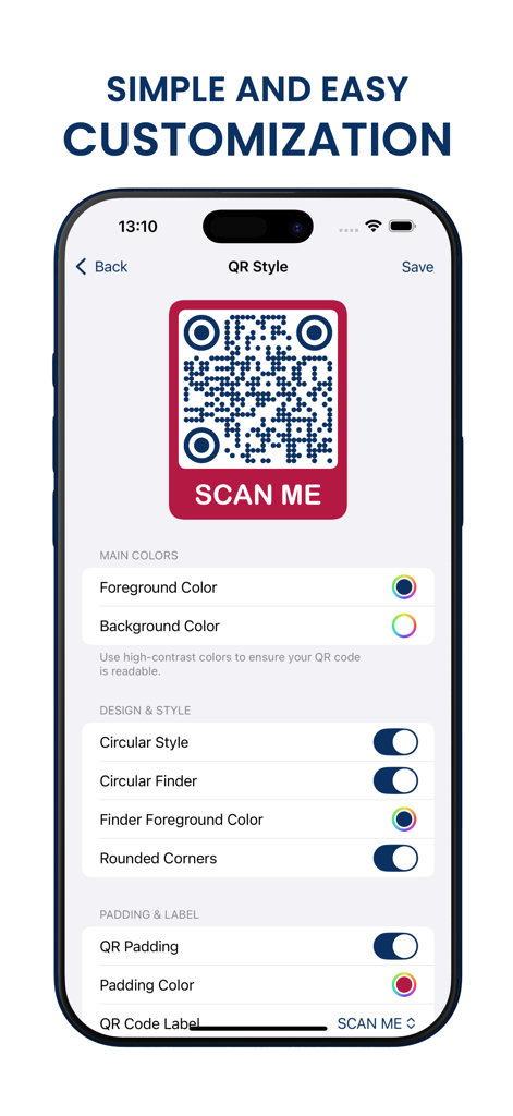 Interface of The QR Code Generator app showing style customization options including colors, shapes, and text labels.
