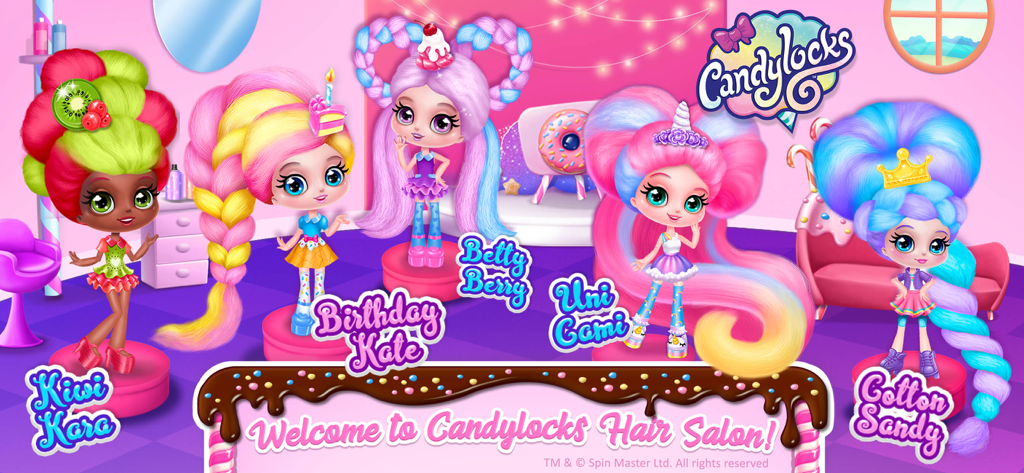 Cinco muñecas Candylocks con cabello de algodón de azúcar de colores en un salón rosa.