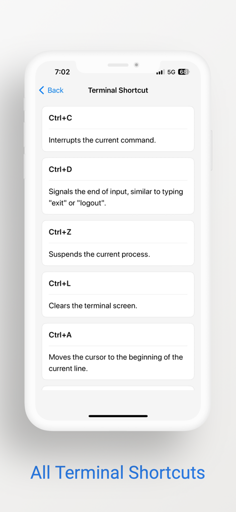 Learn Kali Linux - Una lista de atajos de teclado comunes de la terminal de Linux y sus descripciones dentro de la aplicación Aprende Kali Linux.
