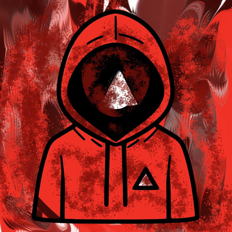 a person with non face waering a hoodie with a small triangle symbol