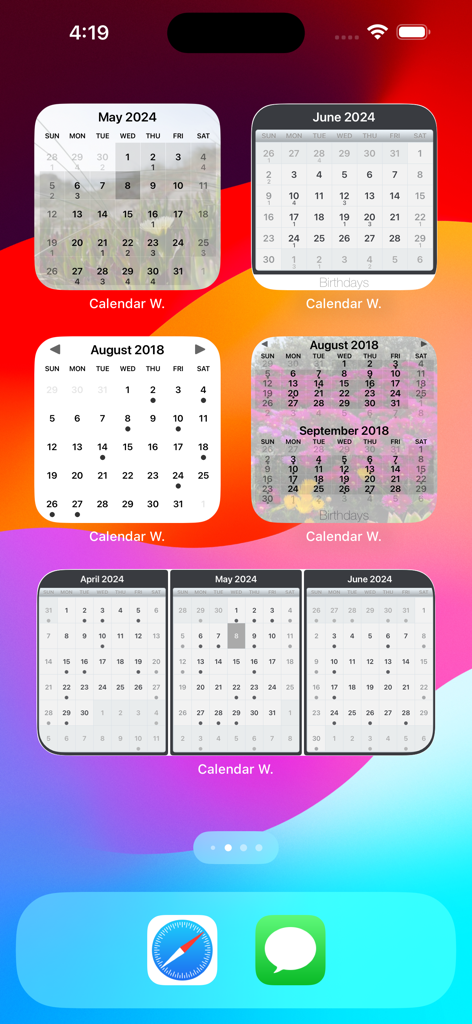 Calendar Widget - Una schermata Home di iPhone che mostra più widget di calendario personalizzabili di diverse dimensioni ed estetiche