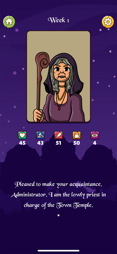 The Reeve - Character dialogue screen from the medieval strategy game The Reeve featuring a priestess and town stats.