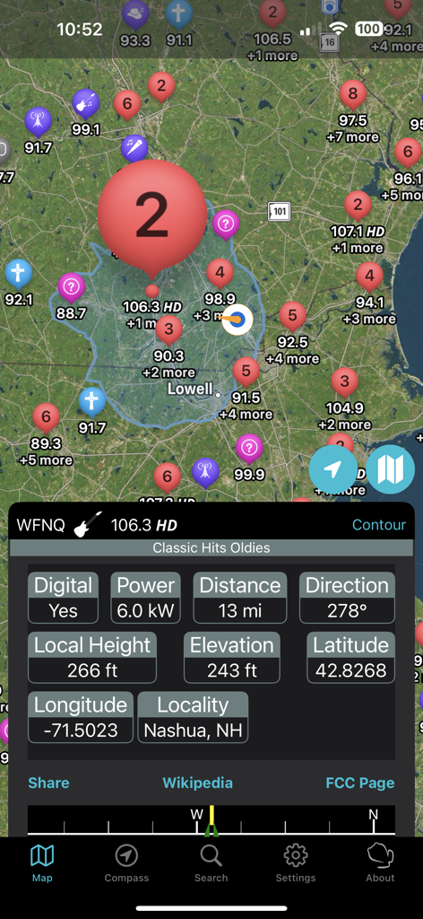 Interface of FM Towers USA showing radio station information and tower locations on a map