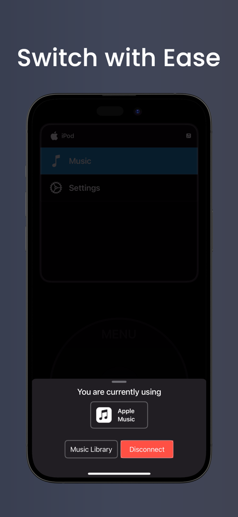 RetroPod - RetroPod app interface on an iPhone showing a popup to switch or disconnect Apple Music integration.