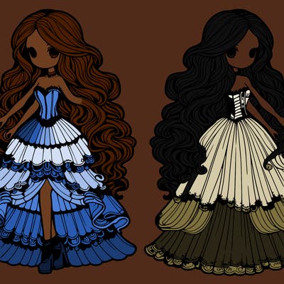 two realistic detailed girls with long flowing dresses and  long wavey hair