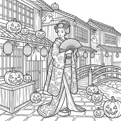 Immerse yourself in a captivating fusion of Japanese elegance and Halloween festivity with this unique coloring page. A graceful Geisha strolls through Kyoto's historic Gion district, beautifully adorned with pumpkins, ghosts, and spooky charm.