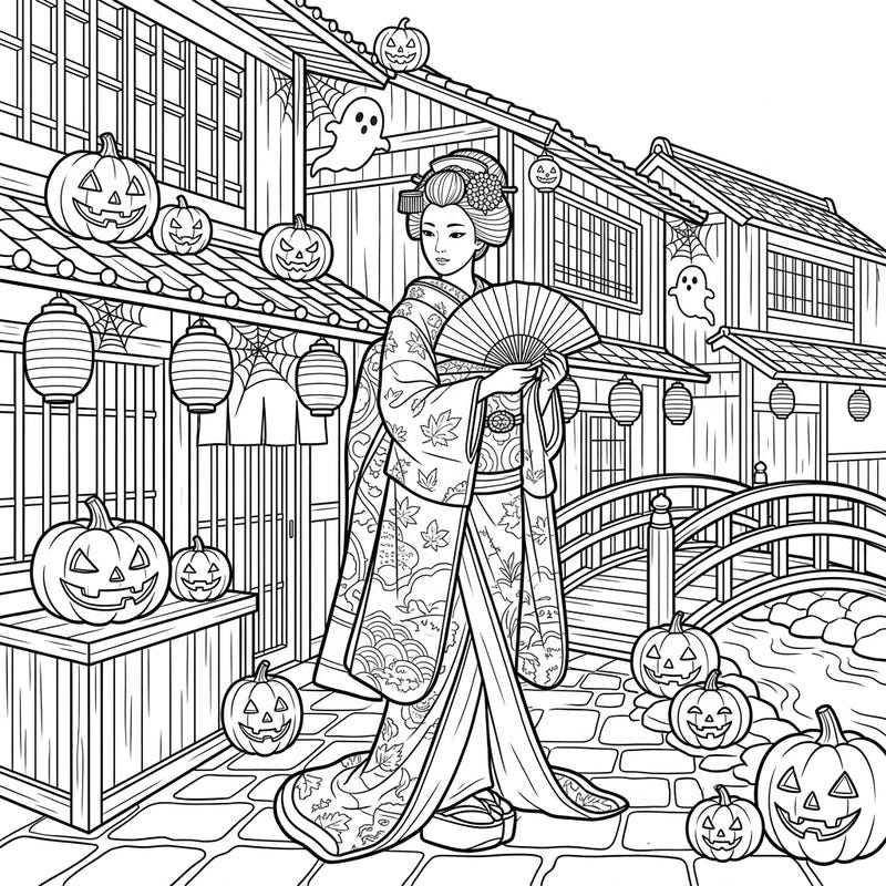 Immerse yourself in a captivating fusion of Japanese elegance and Halloween festivity with this unique coloring page. A graceful Geisha strolls through Kyoto's historic Gion district, beautifully adorned with pumpkins, ghosts, and spooky charm.