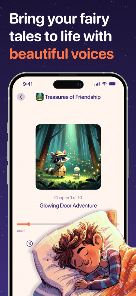 Dreamoria app screen showing an audio player for a personalized fairy tale with an illustration of a child sleeping peacefully