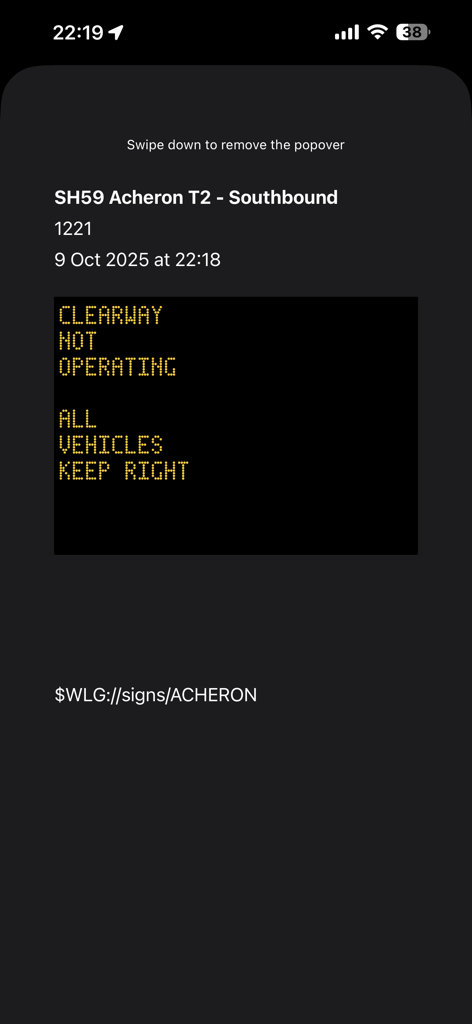 Real-time digital traffic sign update for SH59 Southbound on TrafficCamNZ app.